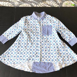 Andrade Women White Blue Floral Stripped Button Down Shirt Top size S Swing CJ